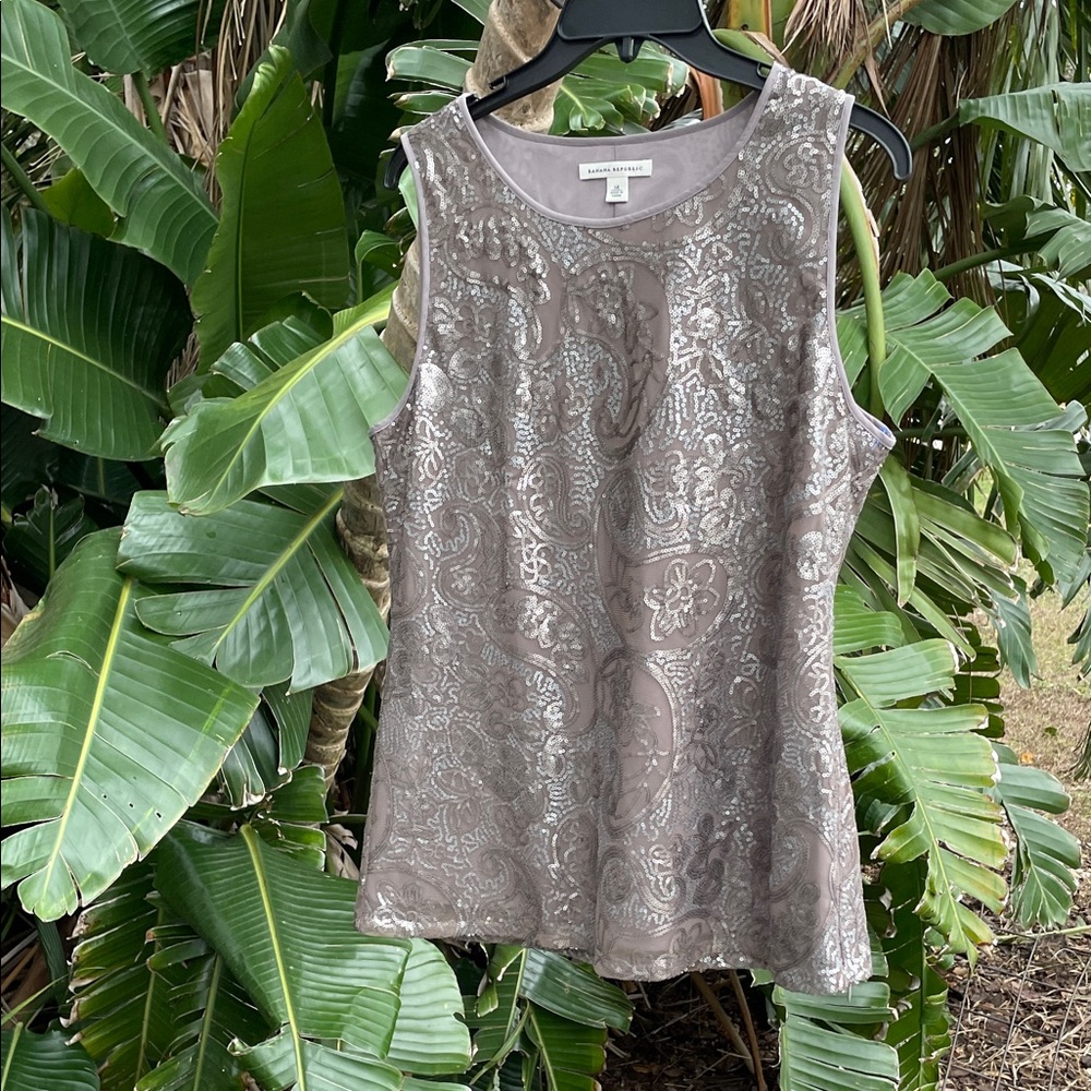 Banana republic, silver sequin floral Paisley, tank top
